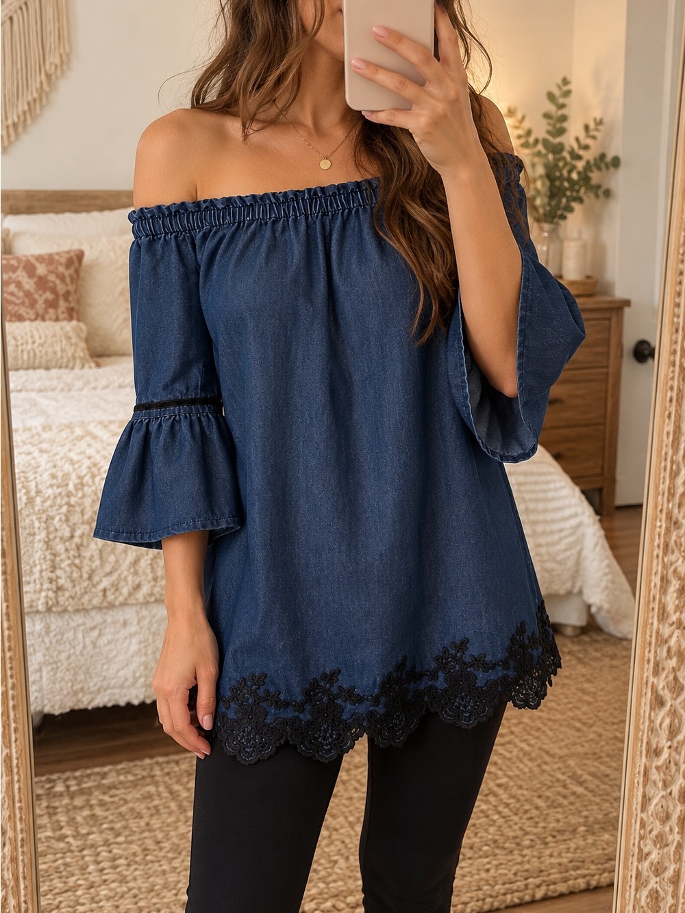 Off-Shoulder Navy Blue Tunic Top with Lace Hem